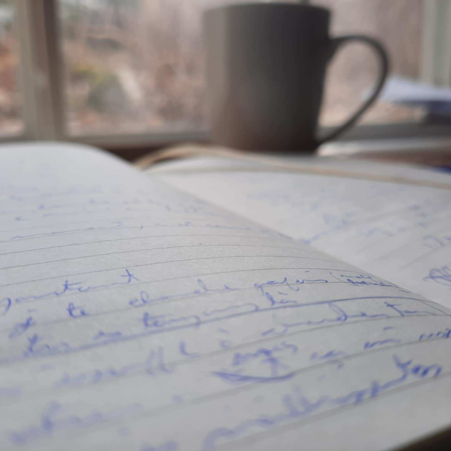 Un cahier de note et une tasse de café près d'une fenêtre